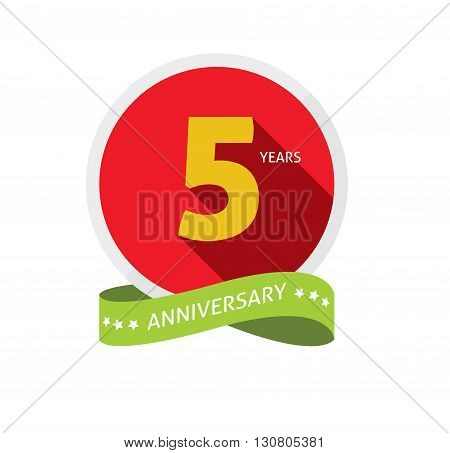 5th anniversary logo badge template with shadow number 5 five. 5 years birthday flat icon. Five years party symbol. Fifth anniversary vector , sticker, ribbon, banner, poster, logotype, emblem, tag