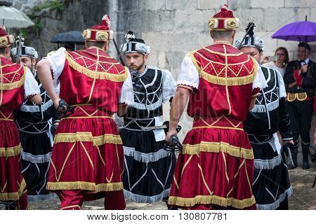 Perast, Montenegro - May 15, 2016: Shooting The Kokot (rooster) Celebration. Celebrates The Liberati