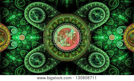 Time Machine. Mechanism and gear galactic hours. Infinity. Eternity. Mysterious psychedelic relaxation wallpaper. Sacred geometry. Fractal abstract pattern. 