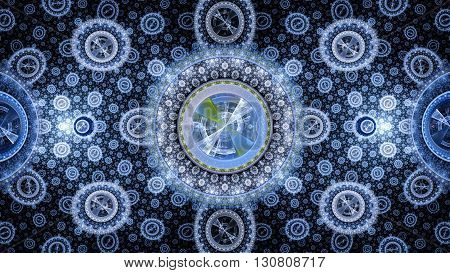 Time Machine. Mechanism and gear galactic hours. Infinity. Eternity. Mysterious psychedelic relaxation wallpaper. Sacred geometry. Fractal abstract pattern. 