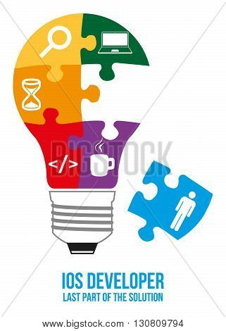 IOS developer design concept. Light bulb composed of interconnected puzzles with different components of programming. Only last piece is missed - that will complete picture - last part of solution.