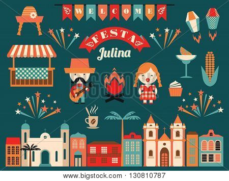 Latin American holiday the June party of Brazil. Flat illustration with symbolism of the holiday
