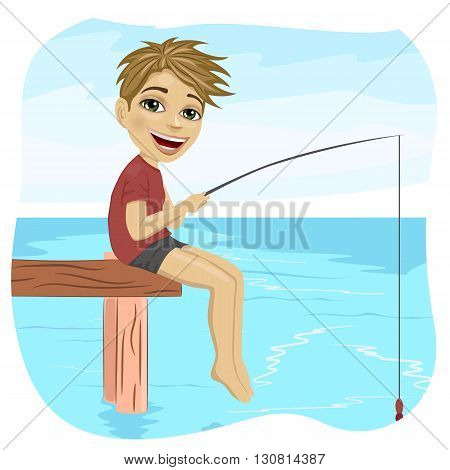 Little smiling boy fishing on the lake sitting on a wood pontoon in the morning