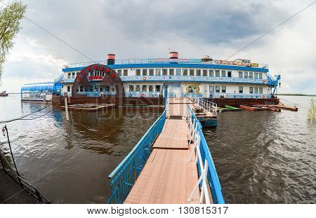 SAMARA RUSSIA - MAY 8 2016: Floating restaurant Scriabin on the Volga River in the summer day