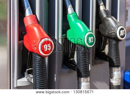 SAMARA RUSSIA - MAY 14 2016: Filling the column with different fuels at the gas station Olvi. Olvi is one of the russian gas station in Samara region