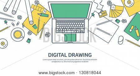 Lined, ouline flat graphic web design. Drawing and painting. Development. Illustration, sketching, freelance. User interface. UI. Computer, laptop.