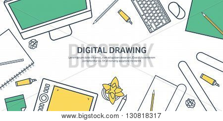 Lined, ouline flat graphic web design. Drawing and painting. Development. Illustration, sketching, freelance. User interface. UI. Computer, laptop.