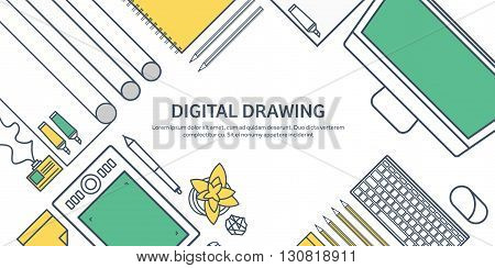Lined, ouline flat graphic web design. Drawing and painting. Development. Illustration, sketching, freelance. User interface. UI. Computer, laptop.