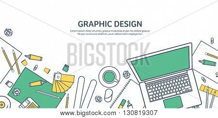 Lined, ouline flat graphic web design. Drawing and painting. Development. Illustration, sketching, freelance. User interface. UI. Computer, laptop.