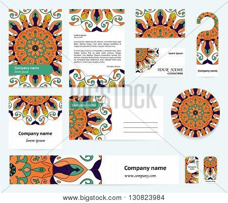 Stationery template design with blue-orange mandalas. Documentation for business.