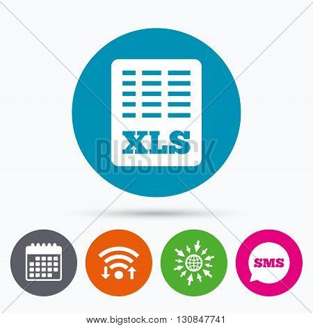 Wifi, Sms and calendar icons. Excel file document icon. Download xls button. XLS file symbol. Go to web globe.