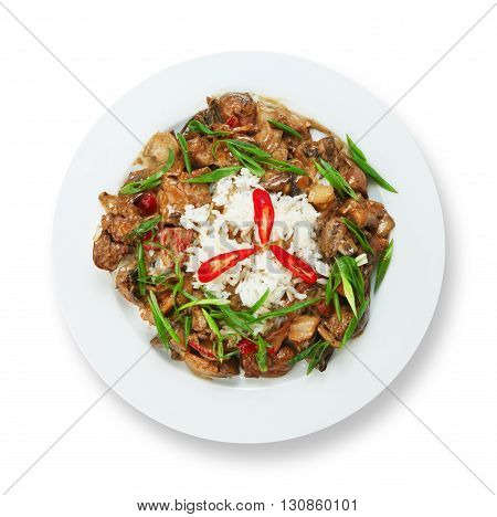 Tasty chicken liver stewed with mushrooms served with white rice. Restaurant food. Offal Food top view isolated at white background. Restaurant meal, healthy dish.