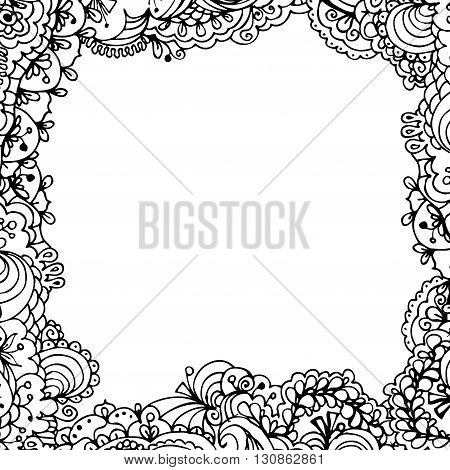 hand drawn ink doodle frame on white background. Coloring page - zendala, design for adults, poster, print, t-shirt, invitation, banners, flyers.