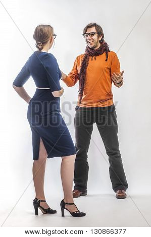 Emotional conversation. Full lenth portrait on white background. full body.