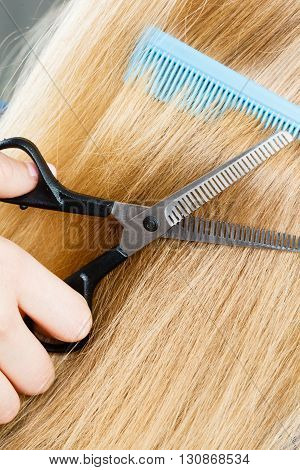Cutting down and shearing concept. Blonde woman cuts and combing her straight smoothy fair hair. Professionalist making new coiffure hairdo.