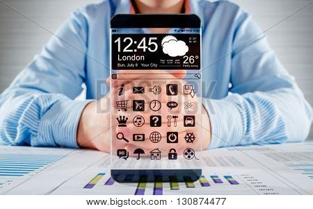 Futuristic Smart phone (phablet) with a transparent display in human hands. Concept actual future innovative ideas and best technologies humanity.