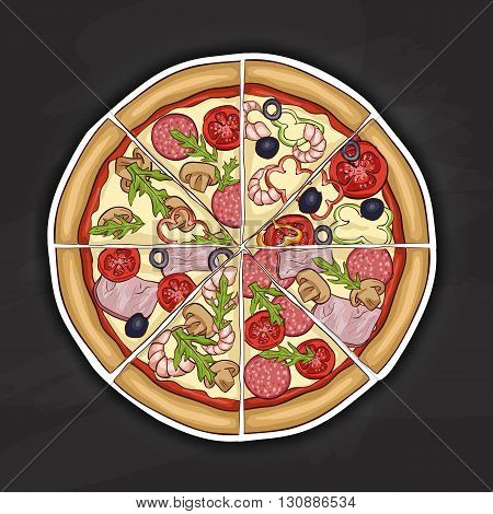 In the picture typical pizza with tomato, mozzarella, cheese and mushrooms. Color picture sticker. Vector illustration, EPS 10