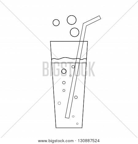 Glass soda icon. Fizzy liquid with bubbles and piece of straw. Black sign isolated on white background. Effervescent drink. Symbol fast food cocktail lemonade mineral water. Vector illustration.