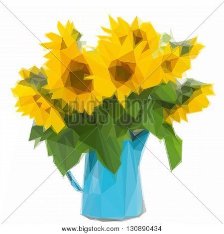 Low poly illustration bouquet of bright sunflowers in blue vase isolated on whute