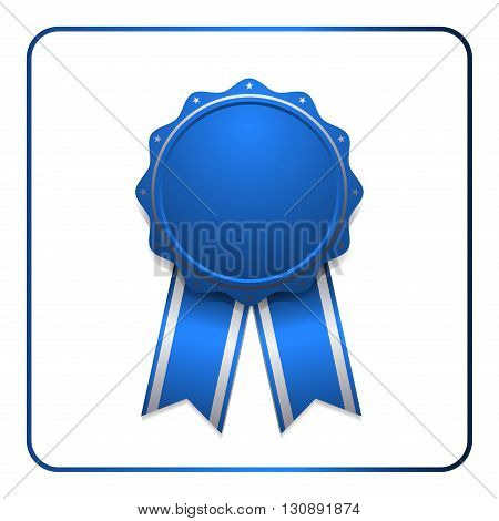 Ribbon award icon. Blue badge isolated on white background. Medal design element. Label emblem. Blank certificate, winner, decoration. Sumbol first, victory success, the best, win. Vector illustration