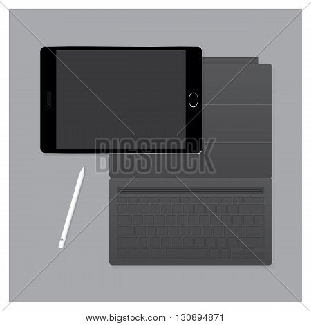 Black Tablet Pro with Keyboard Case and Pen Vector Illustration
