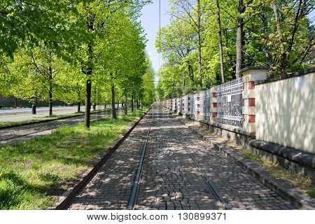 spring landscape with tram rails in Prague Czech Republic