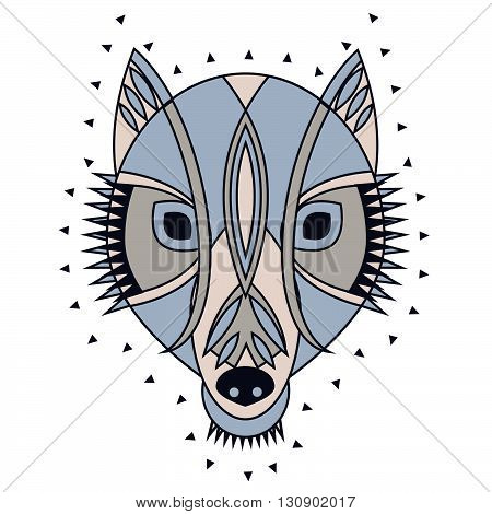 Ornate tribal wolf head. Vector illustration of mascot character for tattoo print with primitive tribal decoration wolf mask