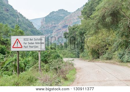 A warning sign at the eastern side of the Baviaanskloof (baboon valley) stating that the road further on is not suitable for sedan vehicles