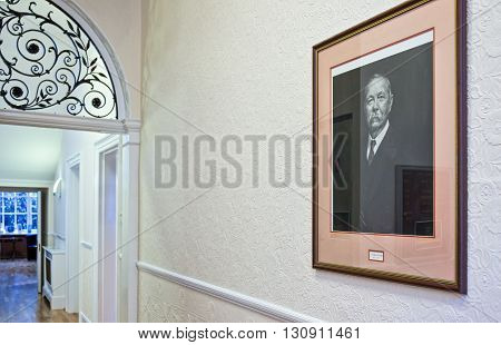 London England - January 27 2012: A Sir Arthur Conan Doyle photographic portrait in a building of Wimpole street