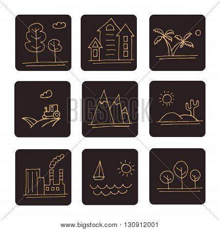Vector illustration of rural landscape. Hand drawn icons set.