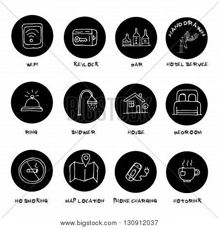 Hand drawn hotel accommodation amenities services icons set. Black circle. Vector.