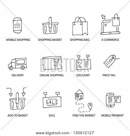 Hand drawn shopping icons set. Vector illustration. Sketched web icons.