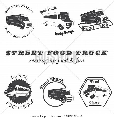 Set of food truck emblems, badges and design elements. Vector illustration.