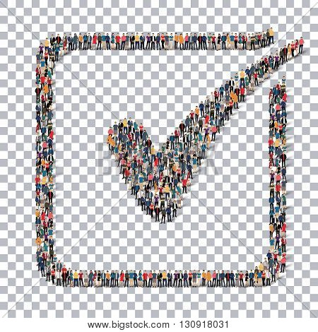 A group of people in the form of a check mark, vote yes  , isometrick , web infographics concept  illustration of a crowded square, flat 3d. Crowd point group forming a predetermined shape. Creative people.Transparency grid. 3D illustration.