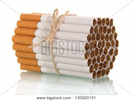 Cigarettes associated with rope isolated on white background.