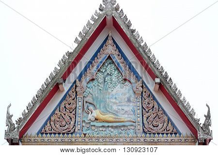 Old floral ceramic tile patterns of gable apex architecture in thailand temple. In Thailand public domain or treasure of Buddhism