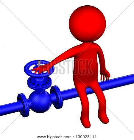 3D Man with pipeline with valve isolated on white background. 3D rendering.