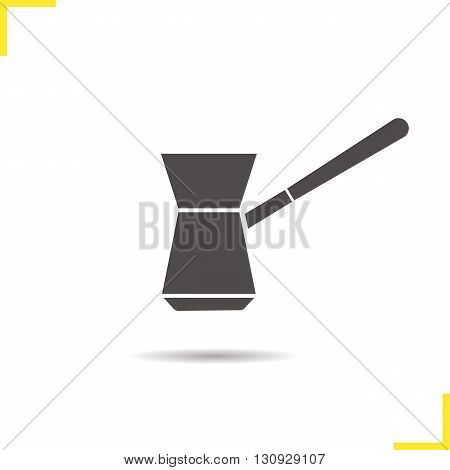Turkish cezve icon. Isolated cezve illustration. Drop shadow coffee maker icon. Classic vintage coffee maker. Turkish cezve logo concept. Vector coffee maker. Silhouette cezve symbol