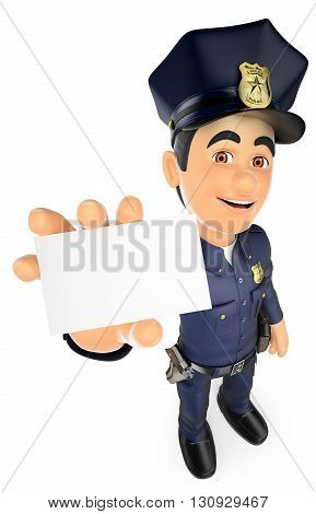 3d security forces people illustration. 3D Policeman with a blank card. Isolated white background.