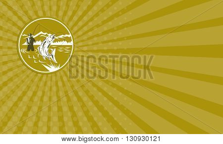 Business card showing illustration of a fly fisherman fishing casting rod and reel reeling trout fish viewed from front with mountains set inside circle done in retro style