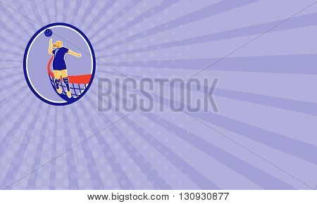 Business card showing illustration of a volleyball player spiker jumping spiking hitting ball set inside oval shape withe net in the background done in retro style.