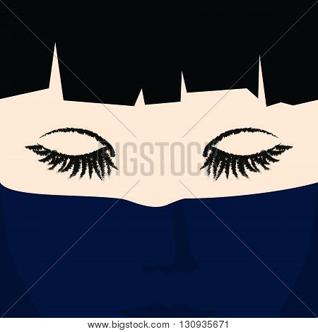 Face of a Young Girl under a Veil ,Closed Girl Eyes and Face Closes Dark Blue Voile, Vector Illustration