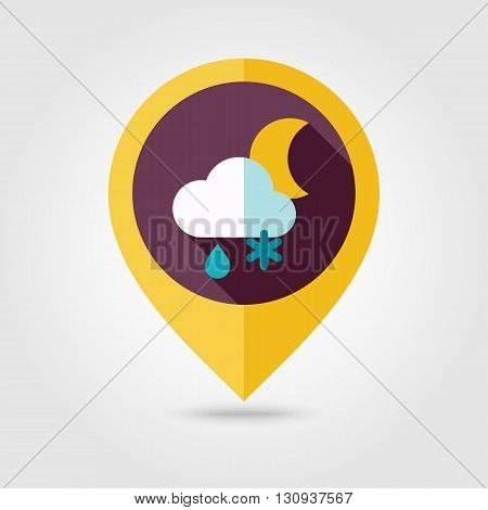Cloud with Snow and Rain Moon flat pin map icon. Map pointer. Map markers. Meteorology. Weather. Vector illustration eps 10