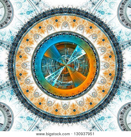 Time Machine. Mechanism and gear galactic hours. Infinity. Eternity. Mysterious psychedelic relaxation wallpaper. Sacred geometry. Fractal abstract pattern. Digital artwork creative graphic design.