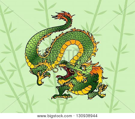 Angry green wood Asian Chinese dragon against a bamboo backrgound