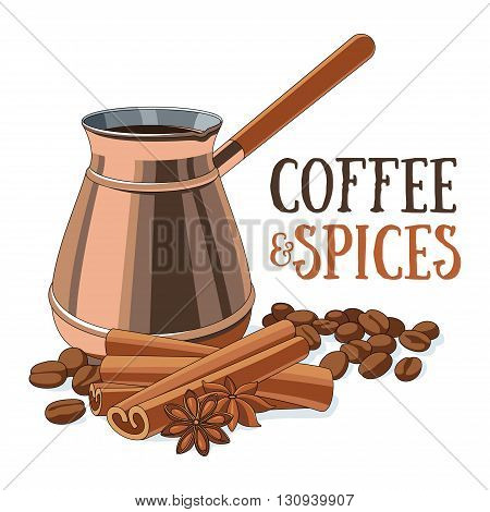Coffee in copper ibrik coffee beans and spices. Vector illustration.