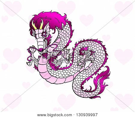 Glamorous white with pink metal an Asian dragon against hearts