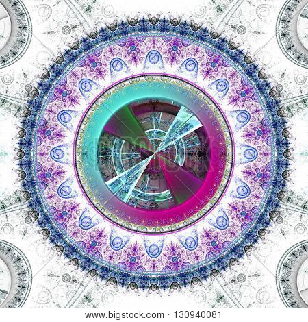 Time Machine. Mechanism and gear galactic hours. Infinity. Eternity. Mysterious psychedelic relaxation wallpaper. Sacred geometry. Fractal abstract pattern. Digital artwork creative graphic design.