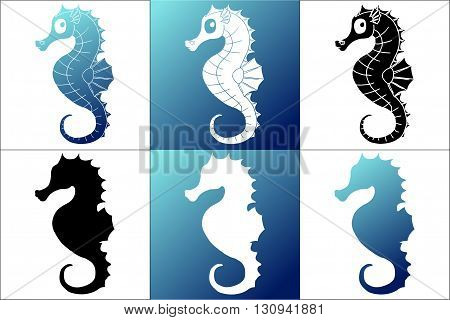 Set six silhouette white, blue and black sea horse on white and blue background