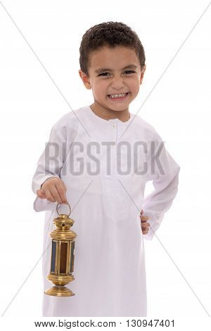 Happy Young Boy With Fanoos Celebrating Ramadan